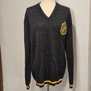Harry Potter Hufflepuff Hogwarts Oversized Sweater Shirt Gray Yellow V Neck L XL